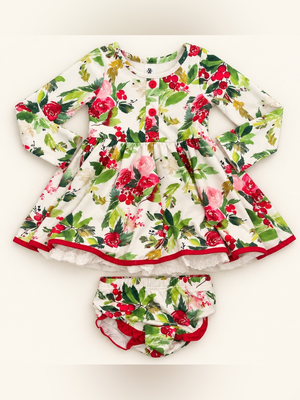 Baby Girl Floral Long-Sleeve Dress with Bloomer - White & Red